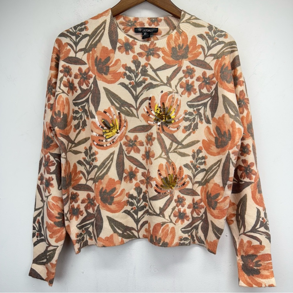 Renuar size Small Women’s Orange Green Floral Sequin Lightweight Sweater